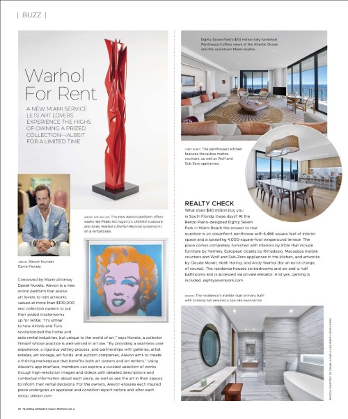 A magazine page featuring an article titled "Warhol For Rent," discussing art rental services with images of Andy Warhol's artwork, a red sculpture, and luxury interior photos of a penthouse with ocean views. Alevon was recently featured in Florida Design's Miami Edition