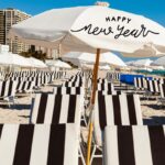 Beach umbrella with "Happy New Year" printed on it